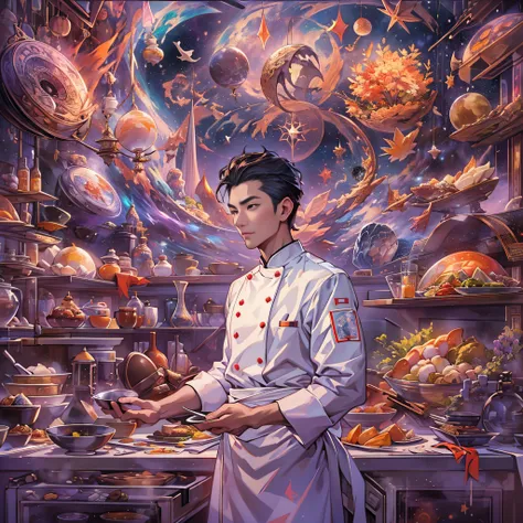 Tall and handsome young chef，Stand on the edge of the dream space, eyes glowing, Surreal scenes full of symbols and patterns of various skills, ,in the style of the stars art group xing xing, 32K, Best quality, Masterpiece, Super detail, High details,