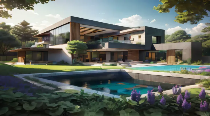 Organic modern architecture on a fairly large plot, From , there is a swimming pool in the middle of a large house of a flower, color of the house in chocolate brown and black beams, large modern residence, flat roofs and garden, render luxcore, render okt...