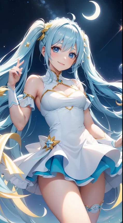 Super Idol　a beauty girl　A charming smile　sky blue hair　length hair　Twin-tailed　Bright yellow and white sexy outfit　Mystical　Fantasia　constellation　a moon　Crystal Brilliance　Aurora Borealis in the Night Sky