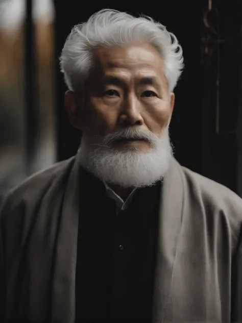 Cinematic portrait , Portrait of a father，Look at the viewer，An elderly Asian man,old man,One guy，Thin and thin, (80 years:1.1), (shaved pubic hair:1.2), (very short white hair，A little curly:1.5),(Long beard:1.6).Dark coat,Minimalist background, Own compo...