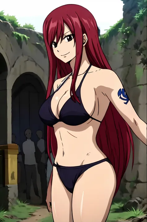 best quality, hires, Scarlet erza, (tiny black bikini only), location: wresting colosseum with crowd watching, adult woman, mature woman, big breasts, lying down, cowboy shot, best quality, ((right shoulder)), slightly strong arms, looking at viewer, impor...