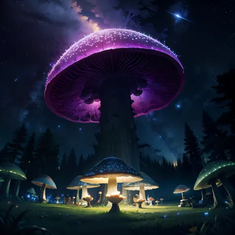 Fantasy Big Tree，Fluorescent full screen，Dream mushrooms，nighttime scene，Its all fireflies，