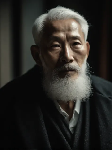 Cinematic portrait , Portrait of a father，Look at the viewer，An elderly Asian man,old man,Single single image，Thin and thin, (80 years:1.1), (shaved pubic hair:1.2), (very short white hair，A little curly:1.5),(Long beard:1.6).Dark coat,Minimalist backgroun...