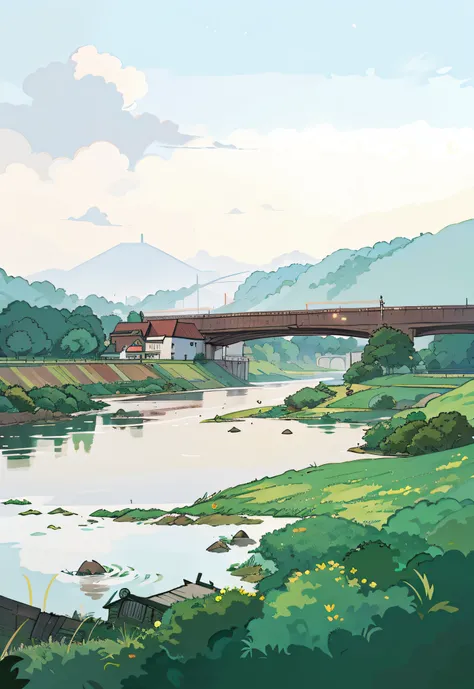 in style of ghibli，Head by the river，Shabby feeling，A sense of vicissitudes