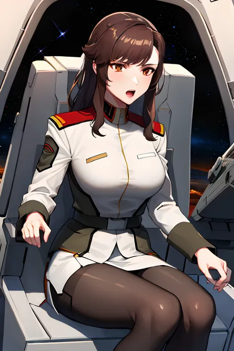 masterpiece, best quality, highres, ramius1, 1girl, solo, (black_pantyhose:1.1), military uniform, military, makeup, white shirt,  white skirt, tight skirt, sitting, upper body, cockpit, space, open mouth,