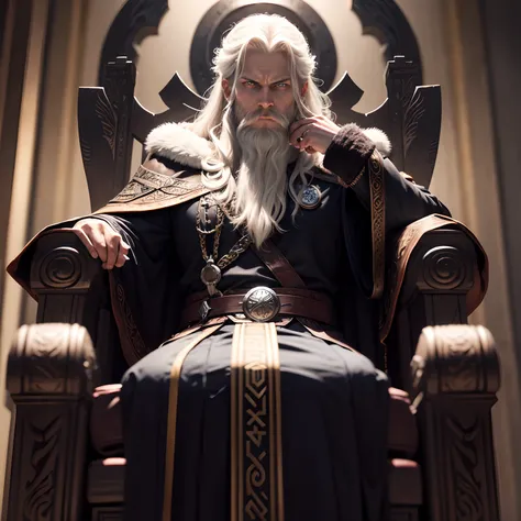 Odin imposing ultra details sitting on the throne looking at me holding his with very sinister features