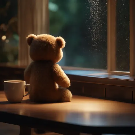 masterpiece,highquality,8K,photoreal,cinematiclight,interior, desk work, lighting, waterfall, cup, dancing cute bear, night, rice on table, machinery,