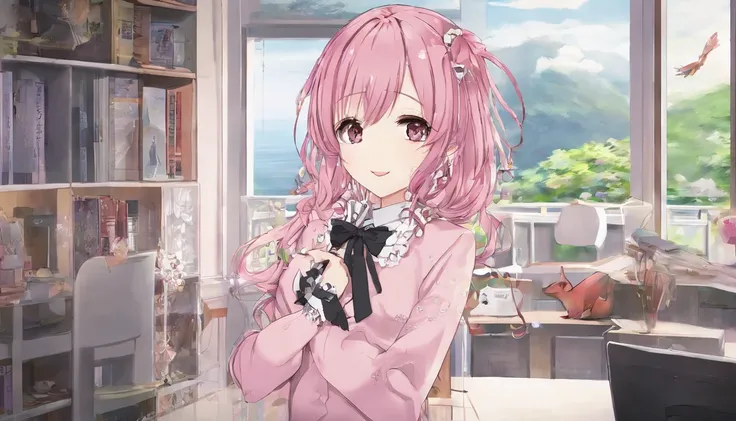 masterpiece, best quality, ultra-detailed, illustration, in the room, Western style room, a cute girl, 1girl, solo, gothic lolita costume, beautiful pink hair, beautiful brown eyes, beautiful eyes, short hair, smile