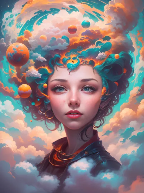 top of a planet surrounded by clouds, digital art, inspired by Cyril Rolando, digital art, psychedelic fractals, parallax of the universe, celestial bodies, frost-style, holding the earth, whistling, Jeremiah Ketner, orbital rings, a144 x 144, color ", tri...