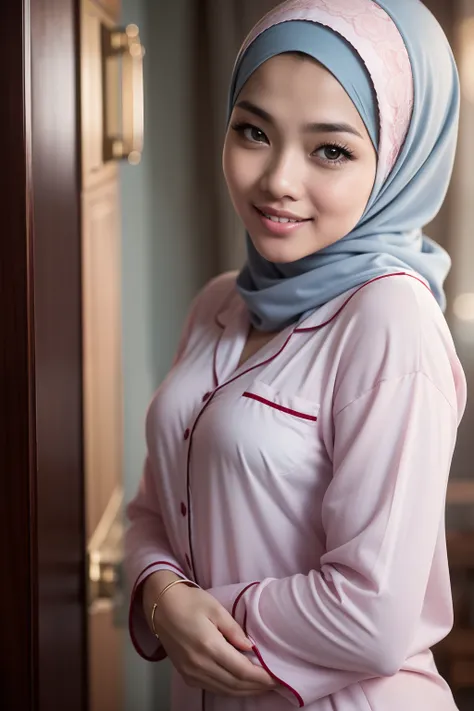 Malay girl in hijab wearing sexy pastel color pajamas portrait photography, mid shot photo, ultra detail, professional photograph with professional lighting, smile, light blue studio background, sexy seducing pose,