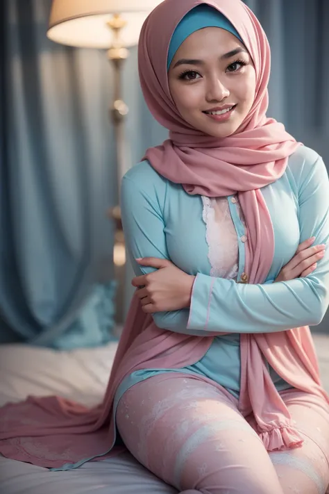 Malay girl in hijab wearing sexy pastel color pajamas portrait photography, mid shot photo, ultra detail, professional photograph with professional lighting, smile, light blue studio background, sexy seducing pose,