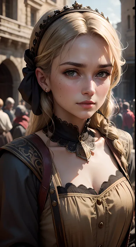 Cinematic portrait, Upper body, face, Facing the audience, One of the most beautiful works of art in the world, A woman looks at the camera, Medieval costumes, Old clothes damaged and weathered Detailed pretty face, Action shooting, Ancient city background...