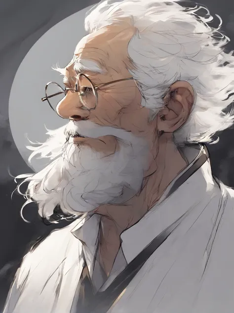 Cinematic portrait , Portrait of an 80-year-old father，Look at the viewer，An elderly Asian man,old man,Single image，Thin and thin, (80 years:1.1), (shaved pubic hair:1.2), (very short white hair，A little curly:1.5),(Long beard:1.6).Dark coat,Minimalist bac...