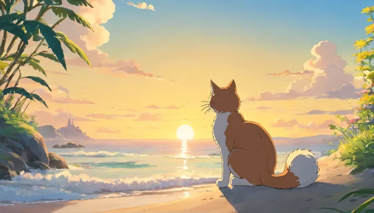 Create a Studio Ghibli-style artwork featuring a cat on the beach. The cat should be depicted in a relaxed and contemplative position, Sitting on the gentle waves that wrap around the shore. The scene should be bathed warmly, Golden sunshine rustles on the...