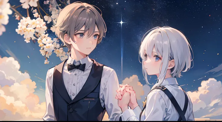 Two Boys, Silver-haired boy and brown-haired boy holding hands,Star-filled sky、natta、Confession Scene、Boys Love、hight resolution、ultra-detailliert