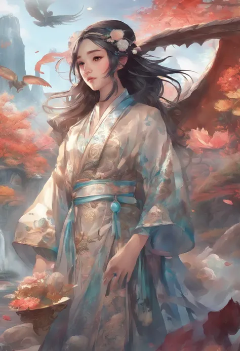 A lazy girl wearing a dragon robe and a crown, dressed in water-themed clothing, embellished with dragon patterns inspired by traditional Chinese garments. A masterpiece in the highest quality, with an ultra-detailed and realistic art style. The image shou...