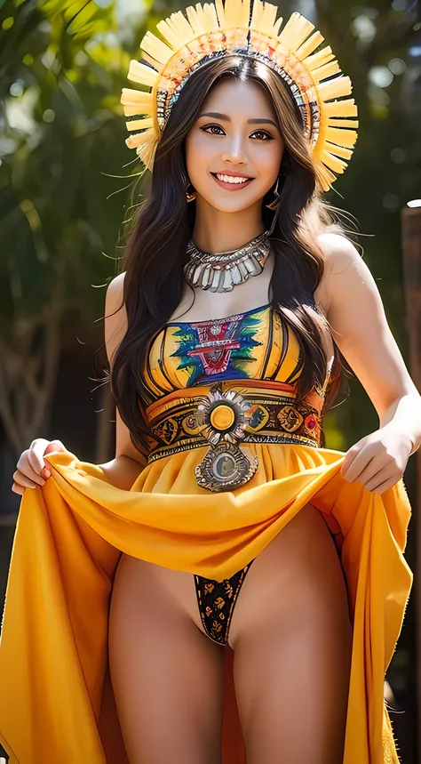 masterpiece, best quality, High Definition, (style-swirlmagic:0.8), portrait, solo, detailed background, detailed face, beautiful smile, (aztec theme:1.1), (glowing eyes:1.05), wise, witchdoctor shaman, mystical, yellow clothes, totem, obsidian, headdress,...