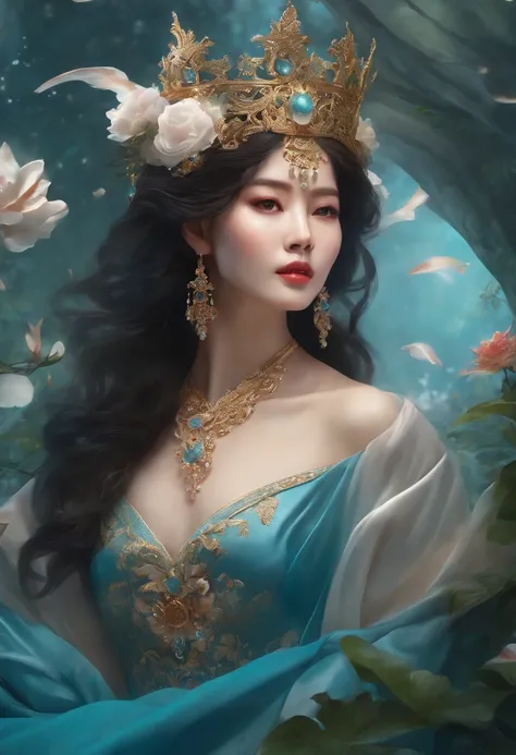 A lazy girl in a garden, draped in a luxurious dragon robe and adorned with a majestic crown. She is dressed in water-themed attire, with a flowing dress reminiscent of waves. The dragon robe is intricately patterned, showcasing traditional Chinese fashion...