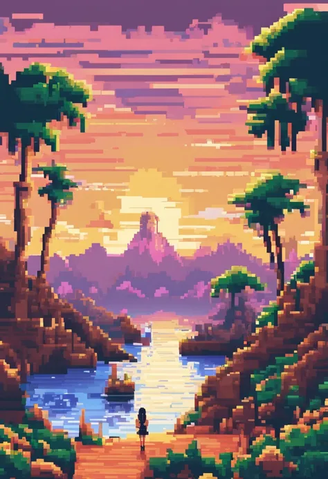 Pixel art tourist landscape. evening. 3D pixel art 4K wallpaper. Incredible pixel art details. Pixel art. Detailed Unreal Engine pixel art, One Girl