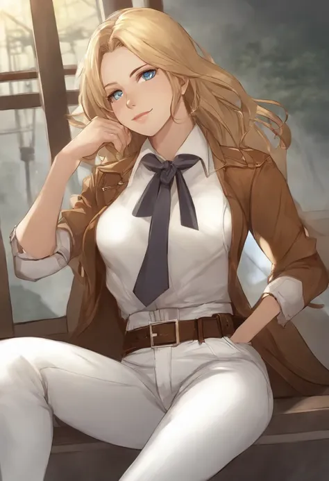 Ott style, shingeki no kyojin,, , Krista Lentz,, 1girll, belt, belt buckle, Blonde hair, Blue eyes, brownfootwear, Brown pants, Buckle, Chest belt, Collared shirt, Diamond (Shape), Floating hair, From the side Side, full bodyesbian, greybackground, hair be...