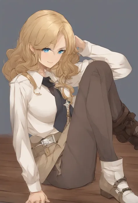 Ott style, shingeki no kyojin,, , Krista Lentz,, 1girll, belt, belt buckle, Blonde hair, Blue eyes, brownfootwear, Brown pants, Buckle, Chest belt, Collared shirt, Diamond (Shape), Floating hair, From the side Side, full bodyesbian, greybackground, hair be...