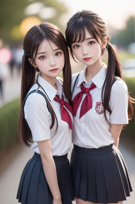 ((2girls)), ((Best Quality)), (Ultra-detailed), (extremely detailed CG unified 8k wallpaper), Highly detailed, High-definition raw color photos, Professional Photography, (Twintails), Brown hair, Amazing face and eyes, Pink eyes, (amazingly beautiful girl)...