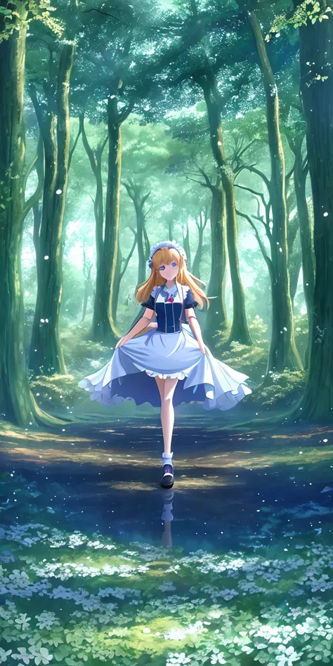 There is a girl in a dress walking through the forest, forest soul, anime lush john 8k woods, a maid in a magical forest, Beautiful anime artwork, Anime fantasy illustration, Beautiful anime art, In the magical forest, zerochan art, high definition anime a...