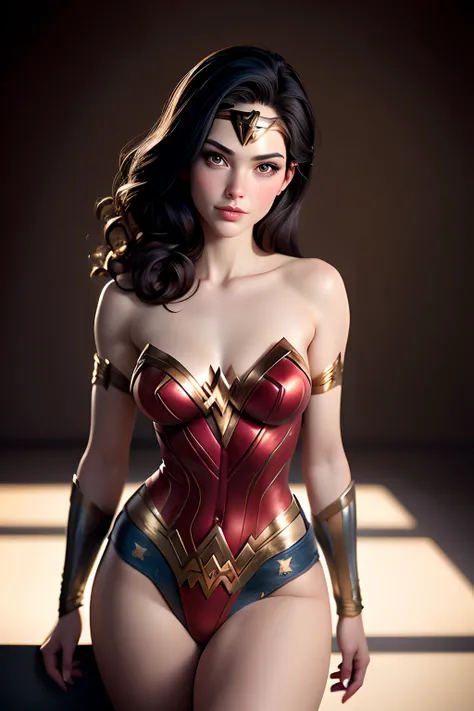 Wonder woman, Portrait photography by Art Germ, realism style, Lustrous skin, The main character of the cartoon, Natural light, tight lips, Strong body, Feminine body, full length, viewer, Depth of field f/1.8, studio shot, (((looking in camera))), looking...