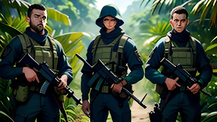 Heavily armed warriors stand in the jungle，The expression is firm and serious