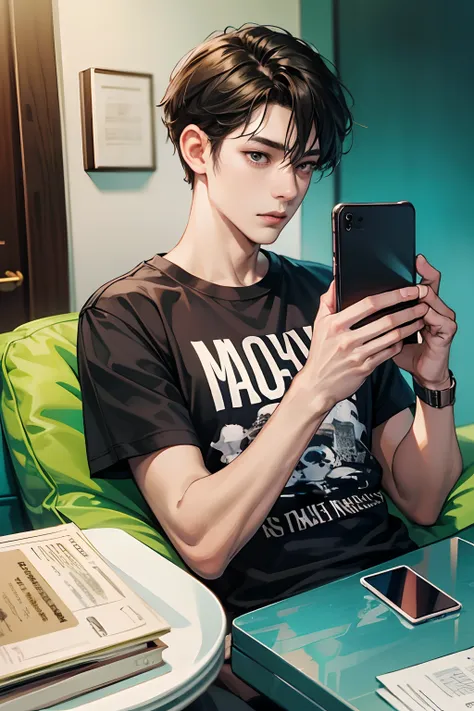 masterpiece, HD, best quality, 1 man, black shirt, short sleeve shirt, holding handphone, looking at handphone