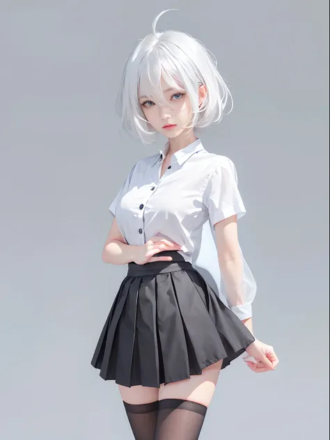 ((masterpiece, best quality)), (1girl), (solo), (female focus), (ahoge, white hair, short hair), black eyes, ((white shirt), (buttoned shirt)), ((black skirt), (short skirt)), standing, white background, behind arms,