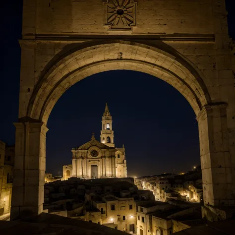 Cathedral of Matera, crepuscular lights from street lights during the night, high details