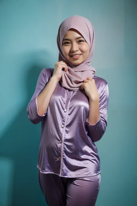 Malay girl in hijab wearing sexy lilac color pajamas portrait photography, mid shot photo, ultra detail, professional photograph with professional lighting, smile, light blue studio background, sexy seducing pose, curvy