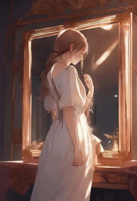 anime girl looking into a mirror holding her own hand