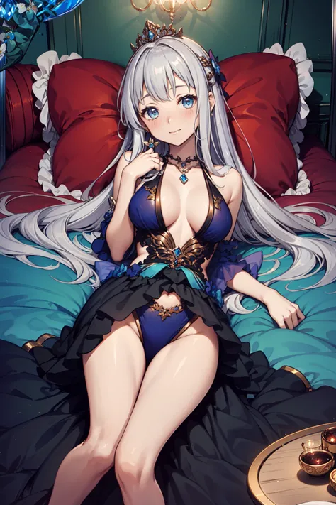 teens girl，Enchanted，having fun，Being in love，Princess dress，Dark black swimsuit，Lilac cloth，exquisite costumes，Bedrooms，solo person，blond hairbl，Dark environment，(blond hairbl)，(pale blue color eyes)，(Lie down)，pillow head