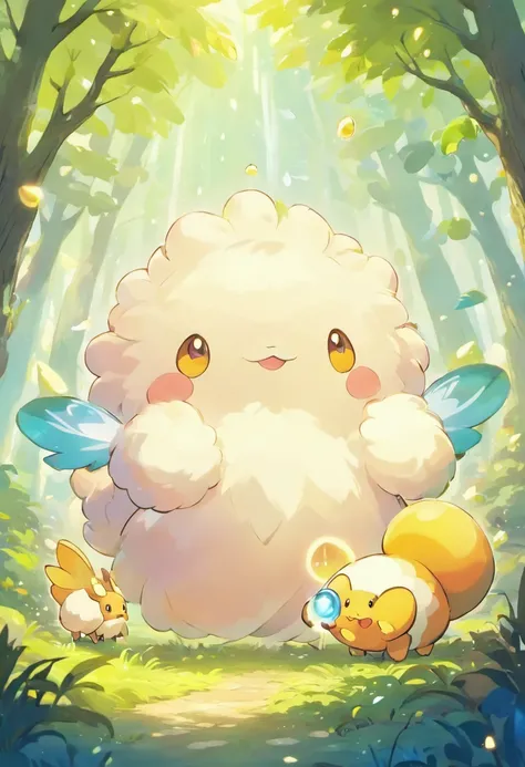 A spellbinding moment in ultra-high definition 3D showcases Fluffernox, a fictional Pokémon, nestled in a forest clearing surrounded by luminescent mushrooms. Fluffernox, artfully rendered with plush feathers and iridescent scales, is seen gently flapping ...