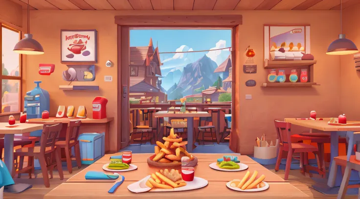 Western food, ketchup, wood chopping board fries, 45 degree angle Pixar style, Disney style, cartoon, bright colors, perfect details, objects, UI, restaurant in the background