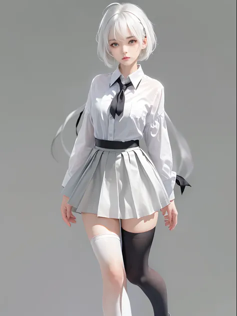 ((masterpiece, best quality)), (1girl), (solo), (female focus), (ahoge, white hair, short hair), black eyes, ((white shirt), (buttoned shirt)), ((Black skirt），（short  skirt）），standing on your feet，white backgrounid，Behind your arms，blackstockings