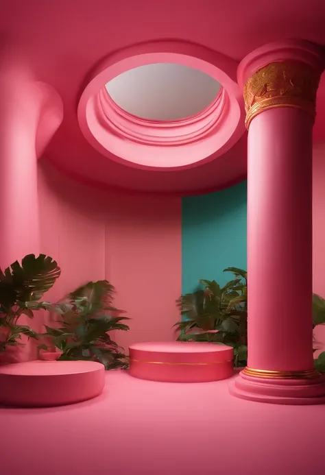 3D scene，There is a cylindrical table in the middle，pink back ground