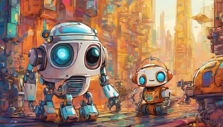 wide vision, ultra realista, altamente detalhado, pintura digital, arte conceitual, suave, foco nítido, tiro grande angular , Wall-E , babysitter, cute , with a cute baby , There is a cute robot standing in the future city play with a cute baby, which is a...