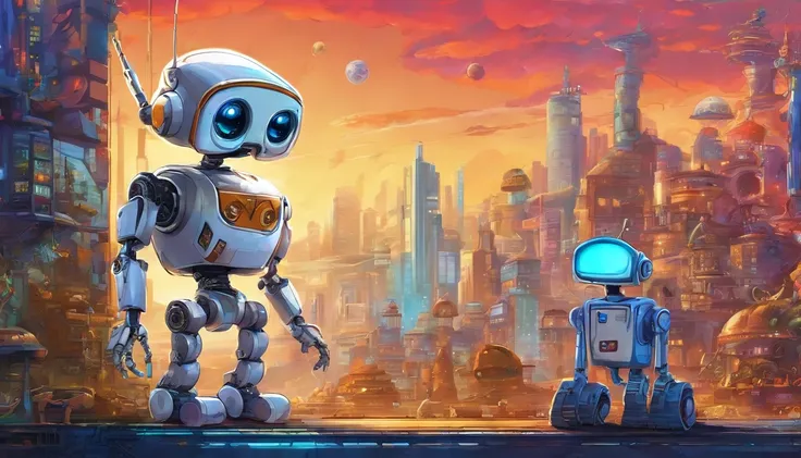 wide vision, ultra realista, altamente detalhado, pintura digital, arte conceitual, suave, foco nítido, tiro grande angular , Wall-E , babysitter, cute , with a cute baby , There is a cute robot standing in the future city play with a cute baby, which is a...