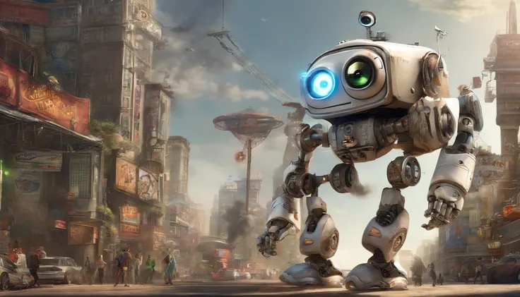 wide vision, ultra realista, altamente detalhado, pintura digital, arte conceitual, suave, foco nítido, tiro grande angular , Wall-E , babysitter, cute , with a cute baby , There is a cute robot standing in the future city play with a cute baby, which is a...