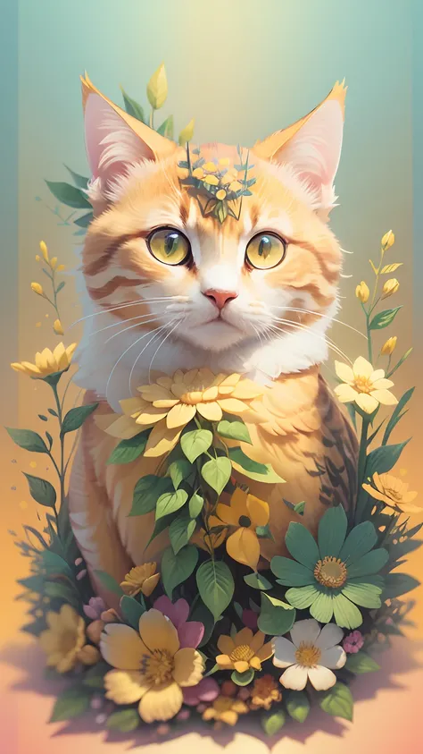 A detailed illustration of a print of a colorful yellow gold male calico cat, fantasy flowers splash, vintage t-shirt design, in the style of Studio Ghibli, light paper cut yellow pastel gold tetradic colors, 3D vector art, cute and quirky, fantasy art, wa...