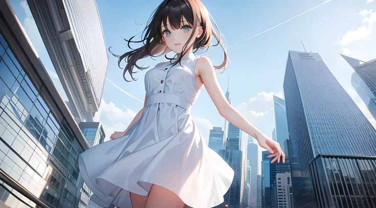 Girl in white dress，Head down，Jump，skyscraper background，