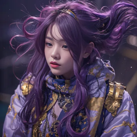 Genki Girl 32K（tmasterpiece，k hd，hyper HD，32K）Long flowing bright purple hair，Autumn Pond，zydink， a color， Proud of the Continent （The astronaut）， （Black and gold scarf）， Combat posture， looking at the ground， long whitr hair， Floating bright purple， Fire ...