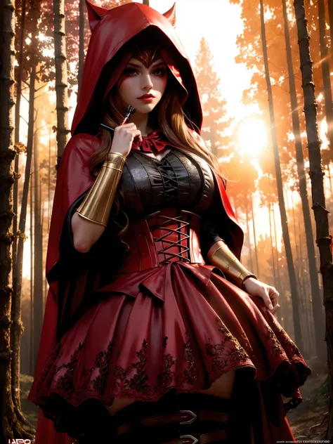 extremely beautiful red riding hood, subtle makeup, golden hour, photorealistic, high contrast, 8k HD, detailed, hyper-detailed, realistic skin texture, covered with red hood, big breast, best quality, ultra high res, raw photo, dramatic lighting, unreal e...