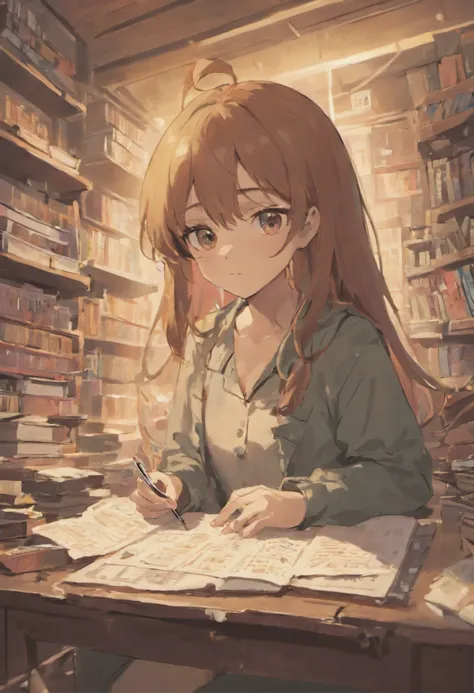 A girl who is serious, smart, genius, creative, more into reading than games, perfect person,with eye glasses,brown hair,studying in a messy room