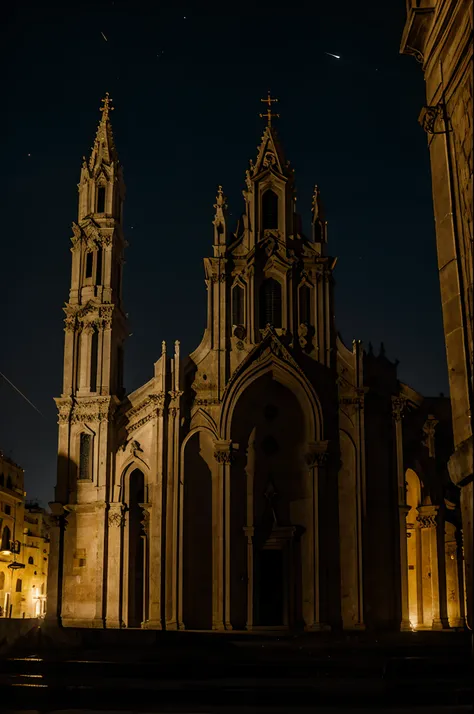 Cathedral of Matera, crepuscular particle lights from street lights during the night, high details, Tyndall effect