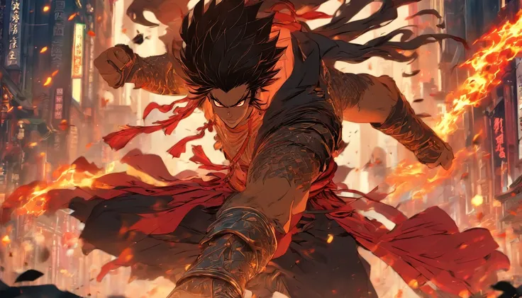 中景 the scene is，Chinese ink style，Smudge, 1 handsome boy, Black hair, Red glowing eyes, Crazy smile, wielding a sword，Dark，Flowing and chic，Ancient armor，Combat boots，（Full body like：1.5），Changan Avenue，ventania，8K，（（super-fine）），Hyper-realistic，（（（OC rend...