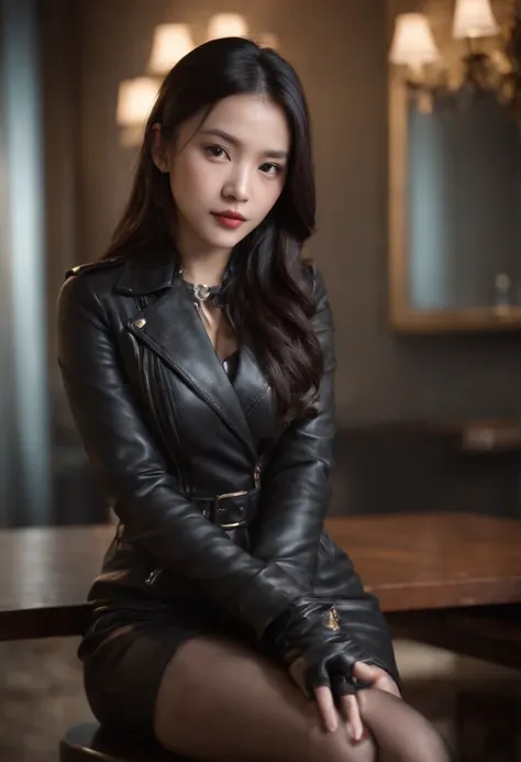 Wearing black leather gloves up to the fingertips in both hands, upper body, black leather double riders jacket, slender necklace, young and cute Japanese girl with beautiful black hair, sitting on a black leather chair facing the desk in the bosss empty r...